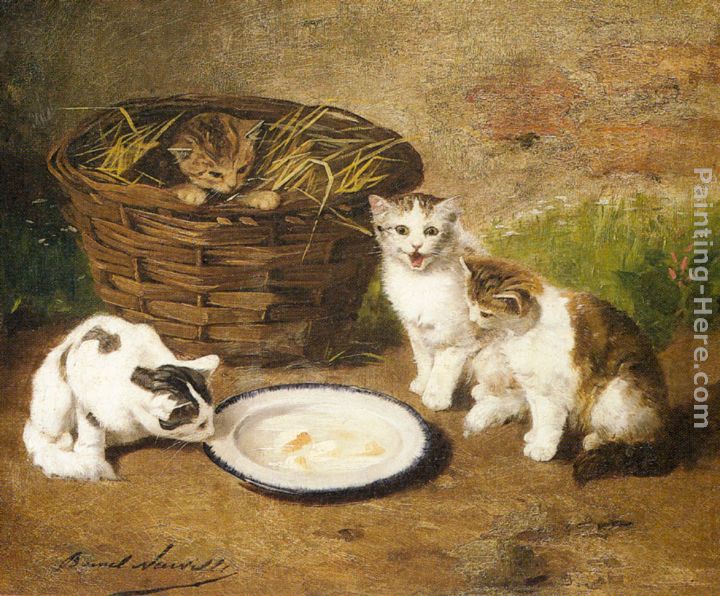 Kittens by a Bowl of Milk painting - Alfred Brunel de Neuville Kittens by a Bowl of Milk art painting
